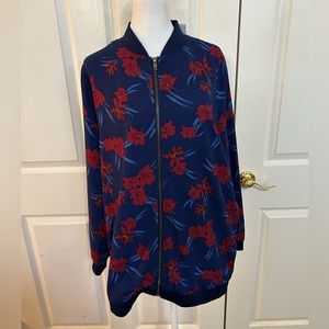 NWT JustFab zip up blue jacket with red flowers, Small